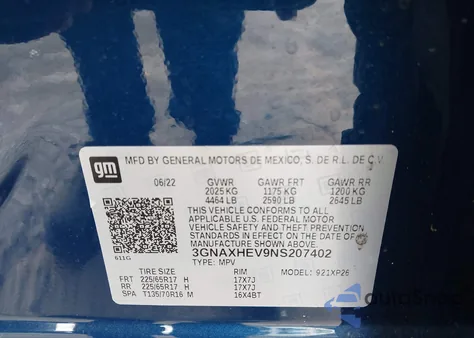 2022 Chevrolet Equinox Fwd Ls из США, поврежденный, VIN 3GNAXHEV9NS207402